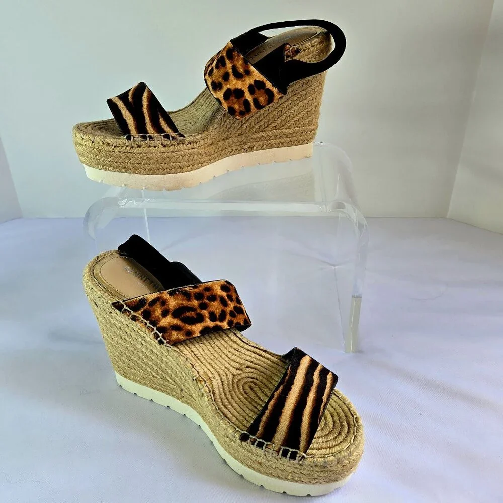 KENNETH COLE Women Espadrille - Open Toe Platform Wedge Sandals Sz 10 Zebra